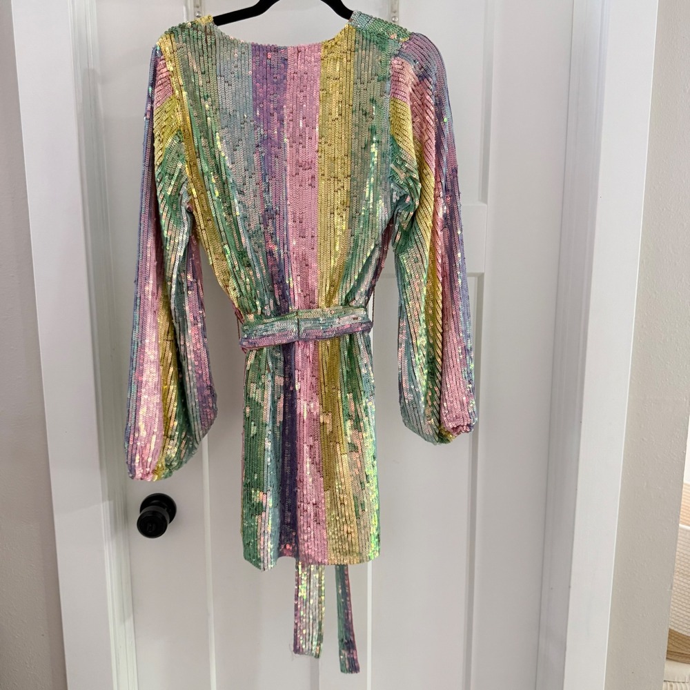 Show Me Your Mumu Wear Me Out Rainbow Sequin Stripe Mini Dress S Belted Disco - Picture 2 of 5